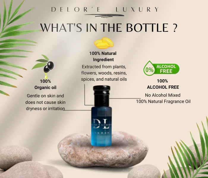Delor'E Luxury fragrance oil bottle on stone with natural, organic, alcohol-free ingredients text