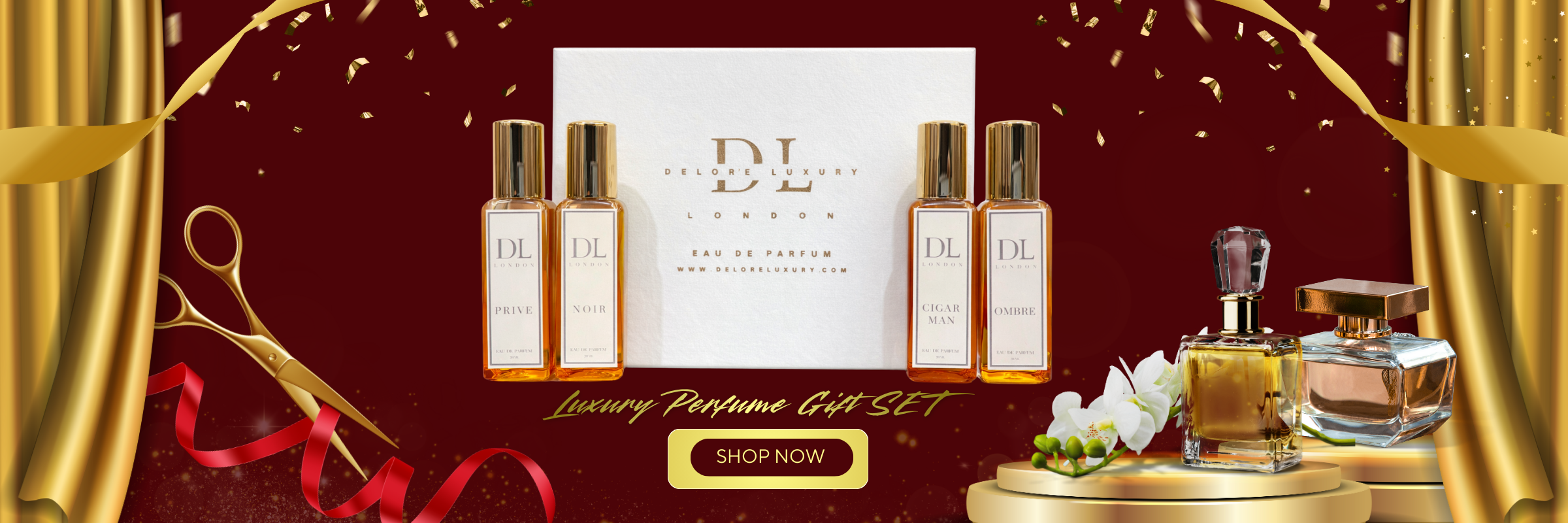 Delore Luxury London perfume gift set with four Eau de Parfum bottles and elegant gold accents