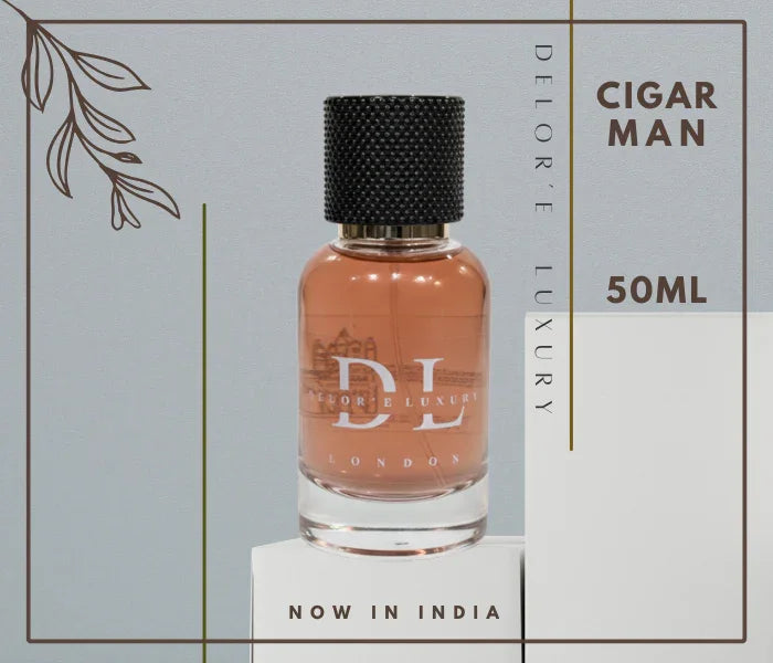 Delor'e Luxury Cigar Man 50ml men's fragrance bottle on white pedestal with elegant floral design