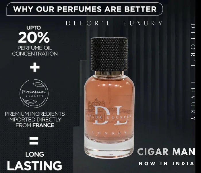 Delor'e Luxury perfume bottle with up to 20% oil concentration, premium French ingredients, long-lasting scent