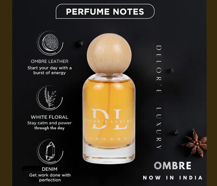 Delor'e Luxury Ombre perfume bottle with wooden cap on black background, highlighting ombre leather, white floral, and denim notes