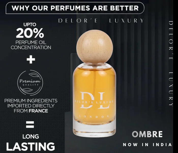 Delor'e Luxury Ombre perfume bottle with wooden cap showcasing 20% perfume oil concentration and premium French ingredients