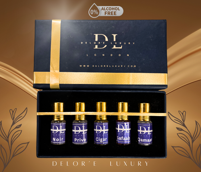 Delore Luxury Attar Gift Pack | Noir Prive, Cigar, Safaah & Qamaar | 5 x 3ml Alcohol-Free Attars | Long-Lasting Premium Fragrance Combo