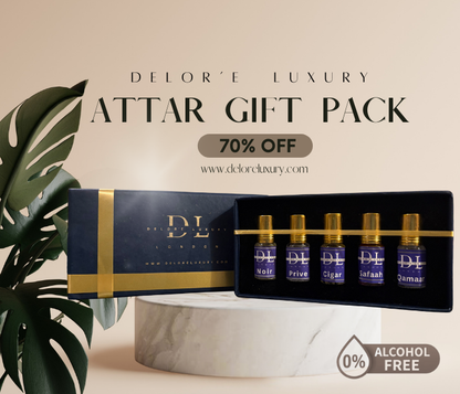 Delore Luxury Attar Gift Pack | Noir Prive, Cigar, Safaah & Qamaar | 5 x 3ml Alcohol-Free Attars | Long-Lasting Premium Fragrance Combo