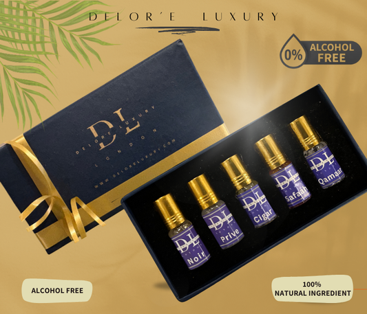 Delore Luxury Attar Gift Pack | Noir Prive, Cigar, Safaah & Qamaar | 5 x 3ml Alcohol-Free Attars | Long-Lasting Premium Fragrance Combo