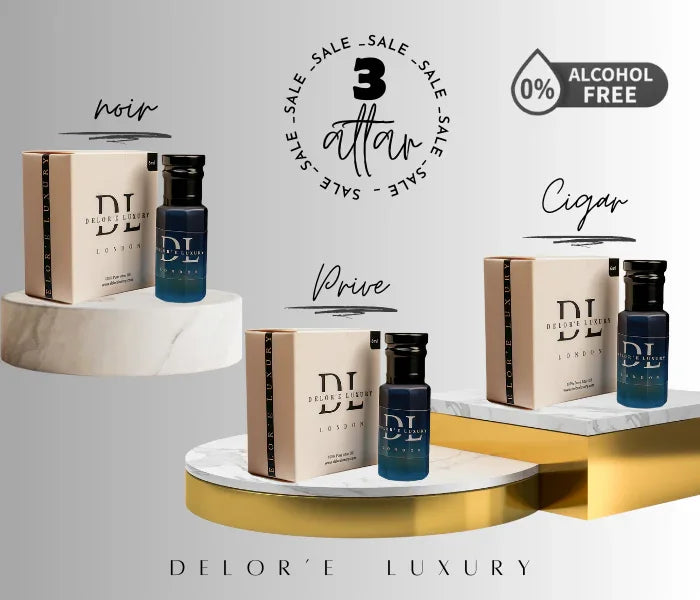 Delor'e Luxury 3 Attar Sale with Noir, Prive, and Cigar scents, alcohol-free fragrances in elegant packaging