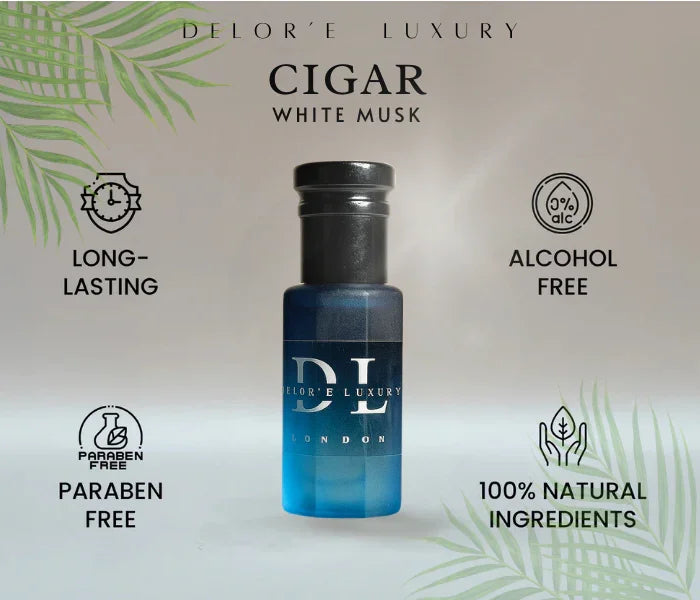 Delor'e Luxury Cigar White Musk perfume bottle with long-lasting, alcohol-free, paraben-free, and 100% natural ingredients