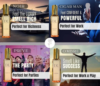 Four DL London perfumes with luxury lifestyle settings: private jet, confident man, party group, and success silhouette