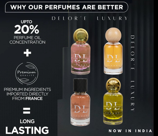 Delor'é Luxury perfume bottles with up to 20% oil concentration and premium France-imported ingredients for long-lasting fragrance