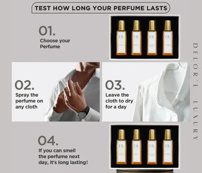 Step-by-step guide testing perfume longevity on cloth, featuring Delor'e Luxury fragrance bottles