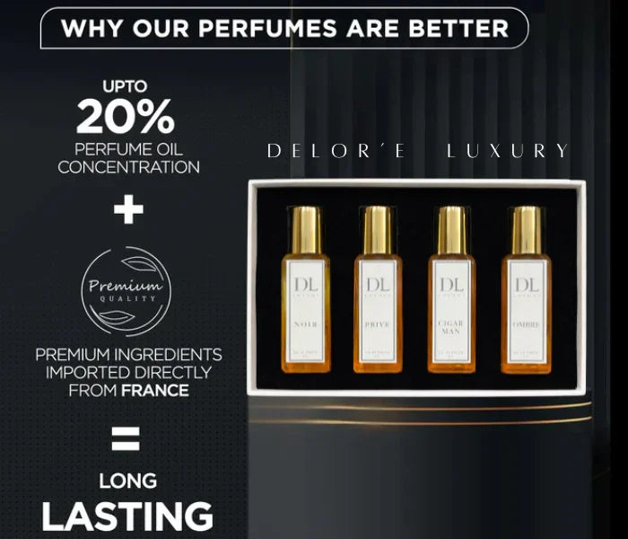Delor'e Luxury perfume set with four bottles featuring up to 20% perfume oil concentration and premium French ingredients for long-lasting fragrance